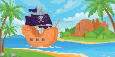 Sea landscape with tropical treasure island and sailing pirate ship. Cartoon kids marine adventure game background. Pirate boat vector scene