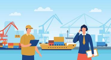 Cargo ship transportations and container shipping. Workers controlling international delivery, global trading vector