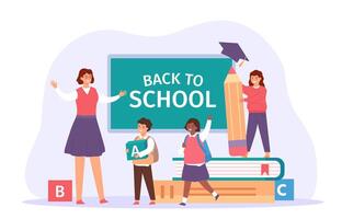 Back to school. Happy teacher meet students with bags, books and pencil. Children in classroom. First day of study, education vector concept