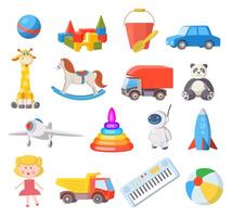 Baby toys. Cartoon kids toy for boys and girls ball, car, doll, robot, rocket and airplane. Fun child belongings for baby shower vector set