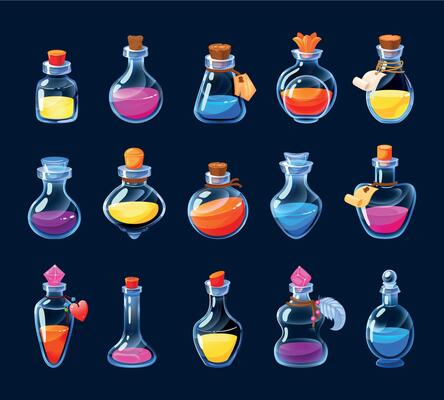 Cartoon alchemy bottles. Magic potion and love elixir game UI icons asset, colorful poison and antidote in various flasks and phials. Vector GUI alchemist potions set