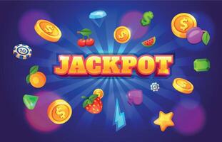Gambling slot machine winning background with casino symbols. 777 game jackpot screen with flying coins. Cartoon money prize vector concept