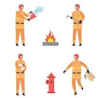 Flat fireman worker in uniform. Professional workers rescuing cat, putting out flame, carrying hose and axe vector