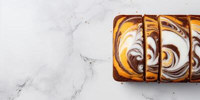 AI generated Top view of Marble sponge cake on white concrete background with copy space Delicious fresh baked healthy vegan homemade dessert photo