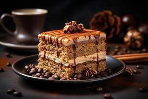 AI generated Coffee walnut layered cake on a dark concrete background Delicious fresh baked healthy vegan gourmet tasty homemade dessert photo