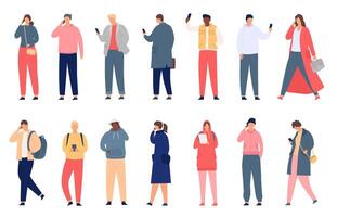 Crowd holding smartphone. Walking and standing people texting, checking social media and talking on phone. Modern flat characters vector set