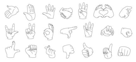 Linear hand gestures. Woman hands different poses minimal linear style, outline simple palm silhouettes with pointing fingers delicate touch. Vector collection