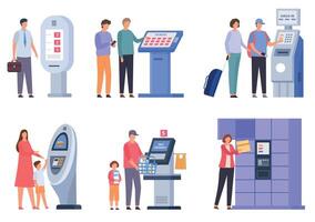 People using self ordering kiosk, info boards and checkout. Flat characters order food, tickets and get post at terminal stand vector set