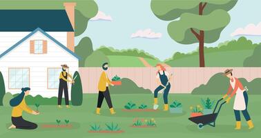 Gardening people together, farming and planting growing vector