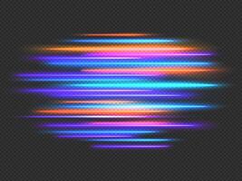 Speed lights effect. Neon fast movement dynamic horizontal lines. Futuristic race, night light motion blur. Speedy stripes vector background