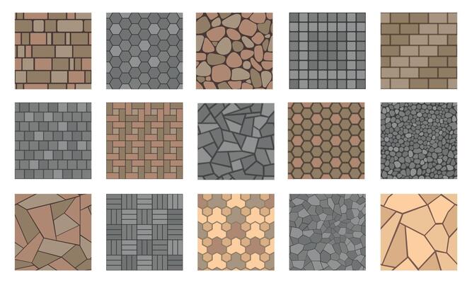 Floor stone pattern. Pavement tile of stone, bricks and concrete, road sidewalk and garden patio ground, outdoor paving plan. Vector path tile top view