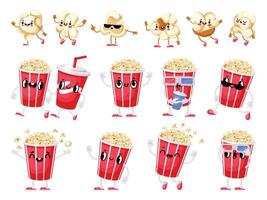 Popcorn mascot. Cartoon sweet and salty popping corn movie fun snack character with cute happy face, hands and legs. Vector food for TV series and cinema watching