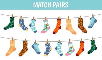 Matching socks game. Puzzle find pair. Preschool children educational worksheet activity. Socks on laundry rope. Match sock patterns vector