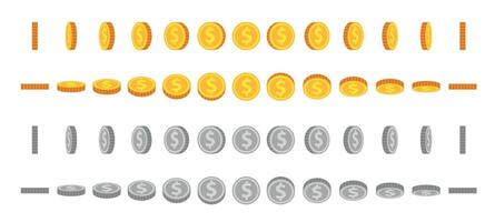 Cartoon coin animation sprites. Gold and silver coins flip and rotate. Round dollar for animated game. Money icon in angle view vector set