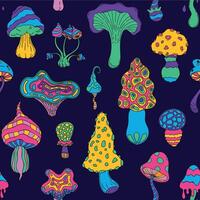 Acid mushrooms pattern. Seamless print of psychedelic trip colorful amanita and toadstool mushrooms. Vector hippie magic texture