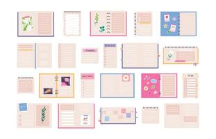 Cute planner, diary, journal, paper notebook and to do list. Decorated notepads with stickers, photos and flowers. Cartoon notes vector set