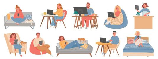 Work from homes. Man and woman freelancers in room interior working in computer or laptop. People in home offices in quarantine vector set