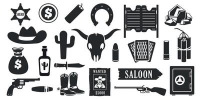 Wild west black icons. Western american cowboy silhouettes with cactus guitar dynamite bandit revolver, simple monochrome design elements. Vector set