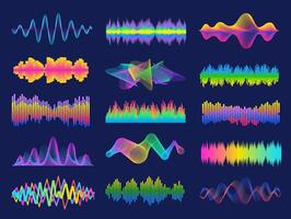 Audio frequency. Neon music sound waves for radio equalizer. Voice recognition for digital assistant. Volume graph line designs vector set