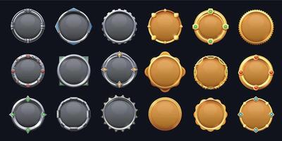 Game round metal button. Cartoon steel game asset frame UI icons, empty metallic circle medal rating badges mobile web app user interface. Vector sprite graphic set