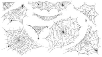 Spider web silhouette. Hanging cobweb with venom spiders for horror helloween decor. Spooky spiderweb element, net trap in corner vector set