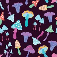 Abstract neon seamless pattern with psychedelic hallucination mushrooms. Trippy print with poison mushroom, amanita and toadstool vector set