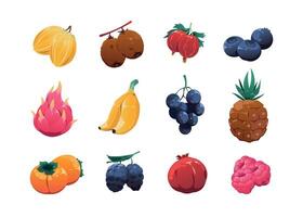 Cartoon fruits collection. Highly detailed 2D game asset with sweet organic snacks, kiwi gooseberry grape pineapple pomegranate raspberry. Vector isolated set