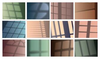 Realistic window shadow. Frames, blinders, and light overlay effect mockup, blurred walls background. Vector set