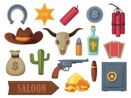 Cartoon wild west icons. Cowboy cactus rodeo saddle lasso guitar snake tequila horseshoe flat style, flat western elements. Vector colorful set