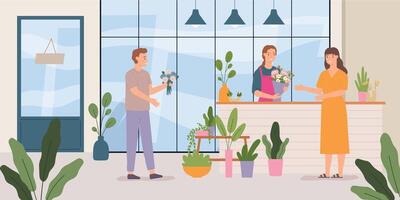 Flower store. Florist making bouquet for female client. Cheerful male customer buying plants. Woman standing at counter vector