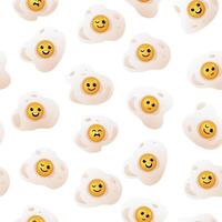 Cartoon eggs pattern. Seamless print of fried egg, healthy cooked breakfast cute repeated background for wrapping paper fabric textile. Vector texture