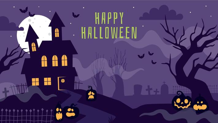 Halloween banner with haunted house. Poster with scary graveyard, full moon, spooky trees, tombstones and lantern pumpkins vector background