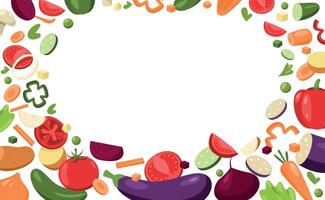 Sliced vegetables framing. Cartoon chopped fresh pepper onion eggplant mushroom cucumber tomato, pieces of vegetables for cooking. Vector healthy food frame banner