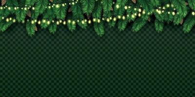 Realistic holiday decorative lights on christmas pine tree. Xmas banner with bulb garland and fir branches with pine cones vector background