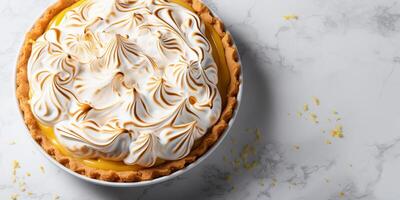 AI generated Top view of Lemon meringue pie on white background with copy space Delicious fresh baked healthy vegan gourmet homemade dessert photo