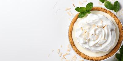 AI generated Top view of coconut cream pie garnished with mint leaves on white background with copy space Delicious fresh baked healthy dessert photo