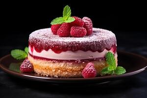 AI generated Raspberry Charlotte on a dark concrete background layered delight Delicious fresh baked healthy vegan gourmet homemade dessert photo