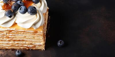 AI generated Top view of Napoleon cake on dark background with copy space layered delight Delicious fresh baked healthy vegan homemade dessert photo