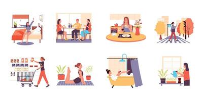 Woman everyday life. Cartoon girl daily routine scenes, female person shopping, have lunch, spending time with friends, relaxing and doing yoga. Vector isolated set