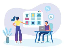 People buying in online shop. Man sitting at desk with laptop. Woman looking at screen with clothes, choosing outfit vector