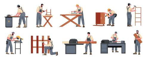 carpintero con mueble. hombre con Tablas de madera equipo trabajando aserradura con madera material, carpintería carpintería artesanía concepto. vector dibujos animados conjunto