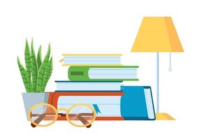 Reading literature stack, book table lamp and glass vector