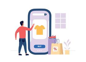 en línea compras. masculino personaje elegir camiseta en teléfono inteligente pantalla. hombre haciendo digital pagos con teléfono inteligente vector