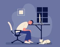 Man work late at night. Sleepy person at table working overtime. Tired male character having freelance work at home vector