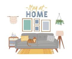 Scandic cozy interiors, stay at home banner vector