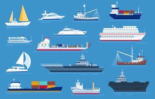 Sea boats. Fishing and cargo ships, yacht, shipping boat, cruise ocean liner, motorboat and military warship. Sailboat transport vector set