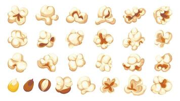 Cartoon popcorn shapes. Film and TV snacks of popping corn, cinema fun food of various shapes. Vector isolated set