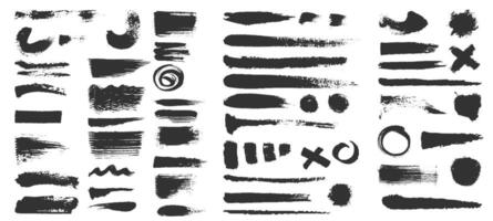 Brush strokes. Grunge textured black paint lines, circles and crosses. Distress ink shapes, blobs and curves. Dirty stain brushes vector set