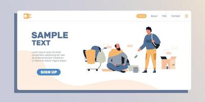 Charity for homeless landing. Charity for poor people web page template with volunteer giving money and food to poor person. Vector illustration