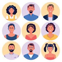 Customer support worker. Male and female round portraits with smiling faces. Characters with headsets answering clients calls vector